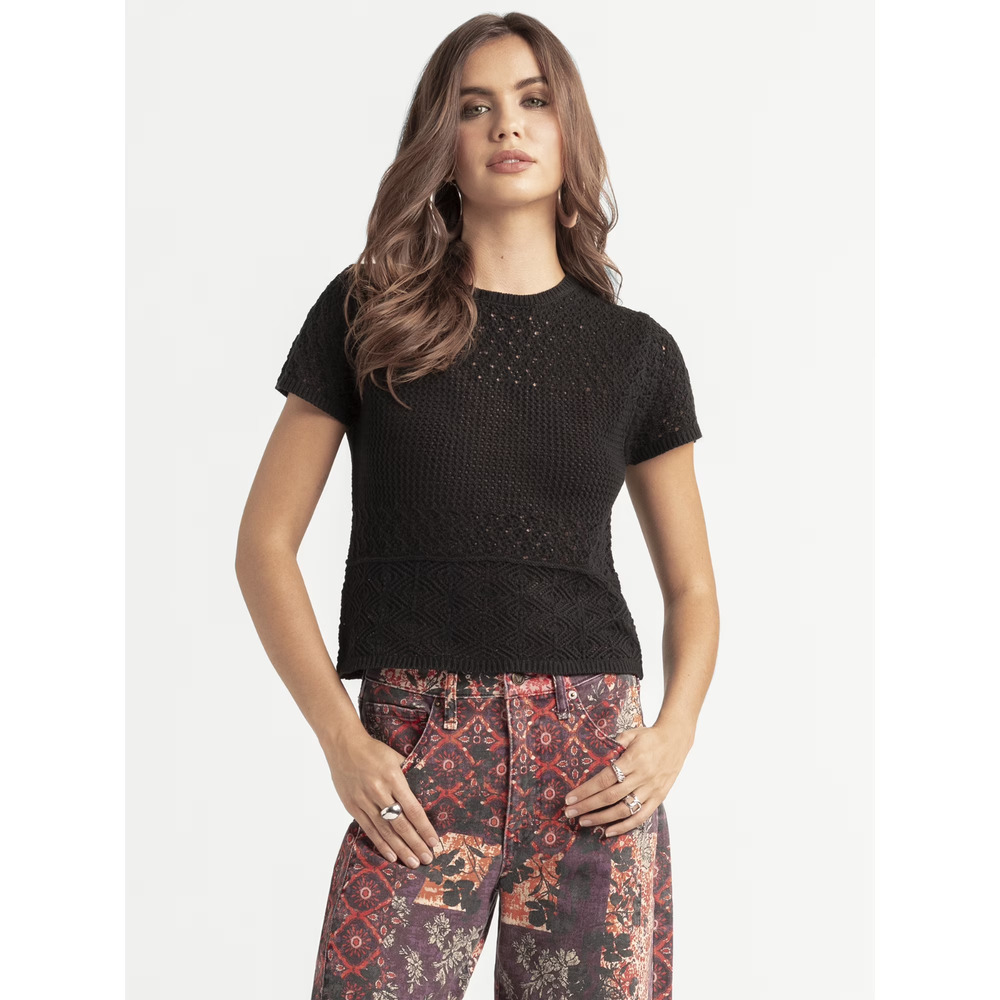 Jessica Simpson Women's Black color size XS Alicia Crochet Tee with Lace Up Back